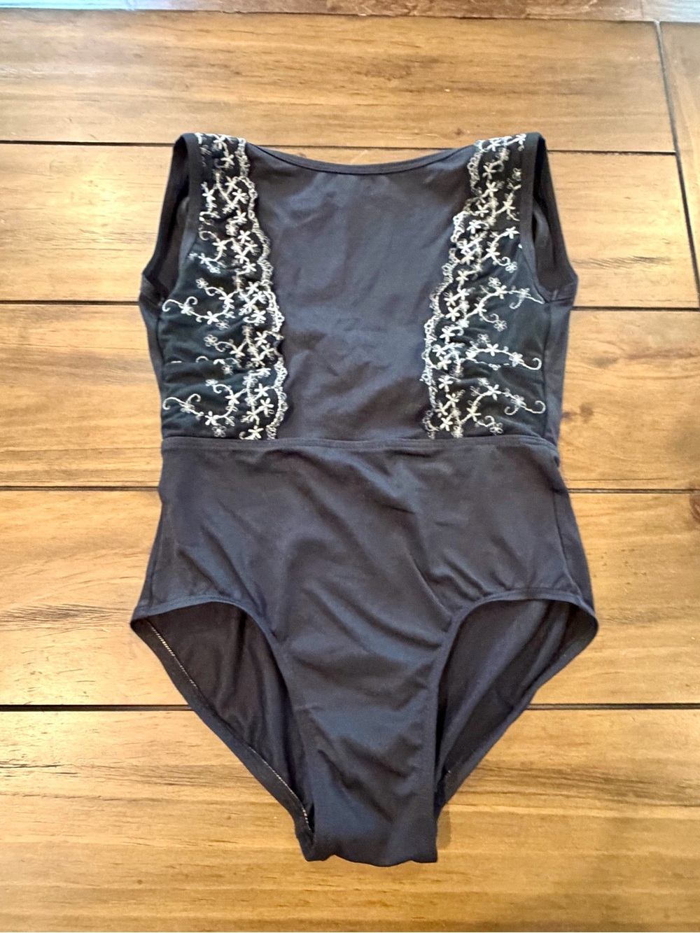 Embroidered Black Sleeveless Ballet Leotard with Front Lace Panels